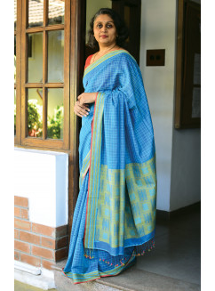 Blue, Handwoven Organic Cotton, Textured Weave , Jacquard, Work Wear, Checked Saree